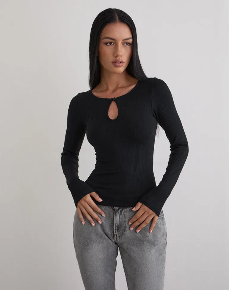 Nique Long Sleeve Top in Thick Rib Black