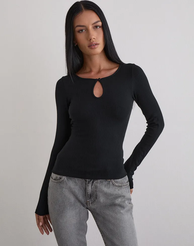 Nique Long Sleeve Top in Thick Rib Black