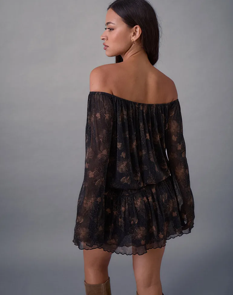 Nisha Long Sleeve Mini Dress in Black with Bronze Shimmer