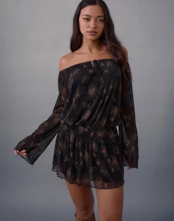 Nisha Long Sleeve Mini Dress in Black with Bronze Shimmer