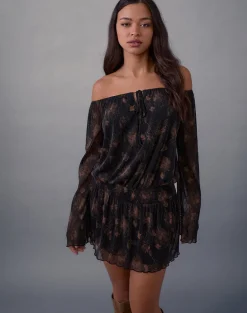 Nisha Long Sleeve Mini Dress in Black with Bronze Shimmer