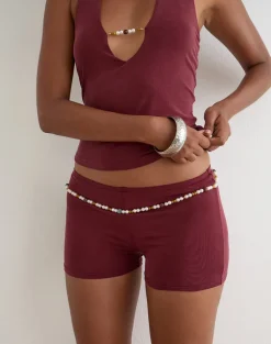 Nissa Short with Pearl Trim in Cupro Burgundy