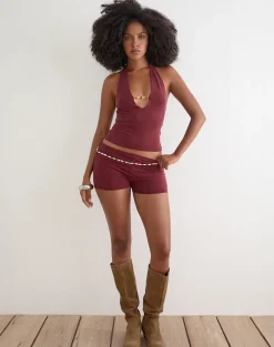 Nissa Short with Pearl Trim in Cupro Burgundy
