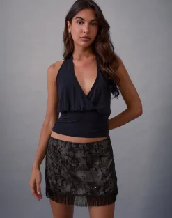 Nivia Mini Skirt in Tassle Floral Chiffon Sequin Black