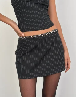 Niya Mini Skirt in Pinstripe Black with Leopard Binding