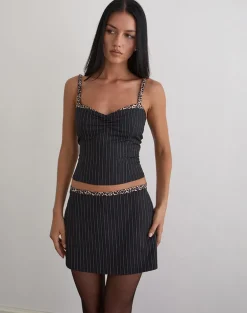 Niya Mini Skirt in Pinstripe Black with Leopard Binding