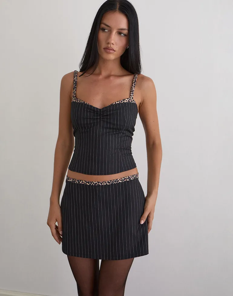 Niya Mini Skirt in Pinstripe Black with Leopard Binding