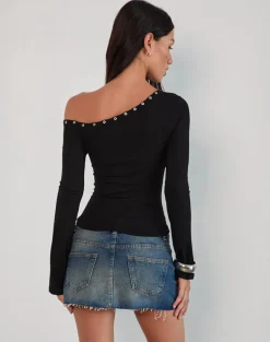 Noraba One Shoulder Top in Black with Eyelets