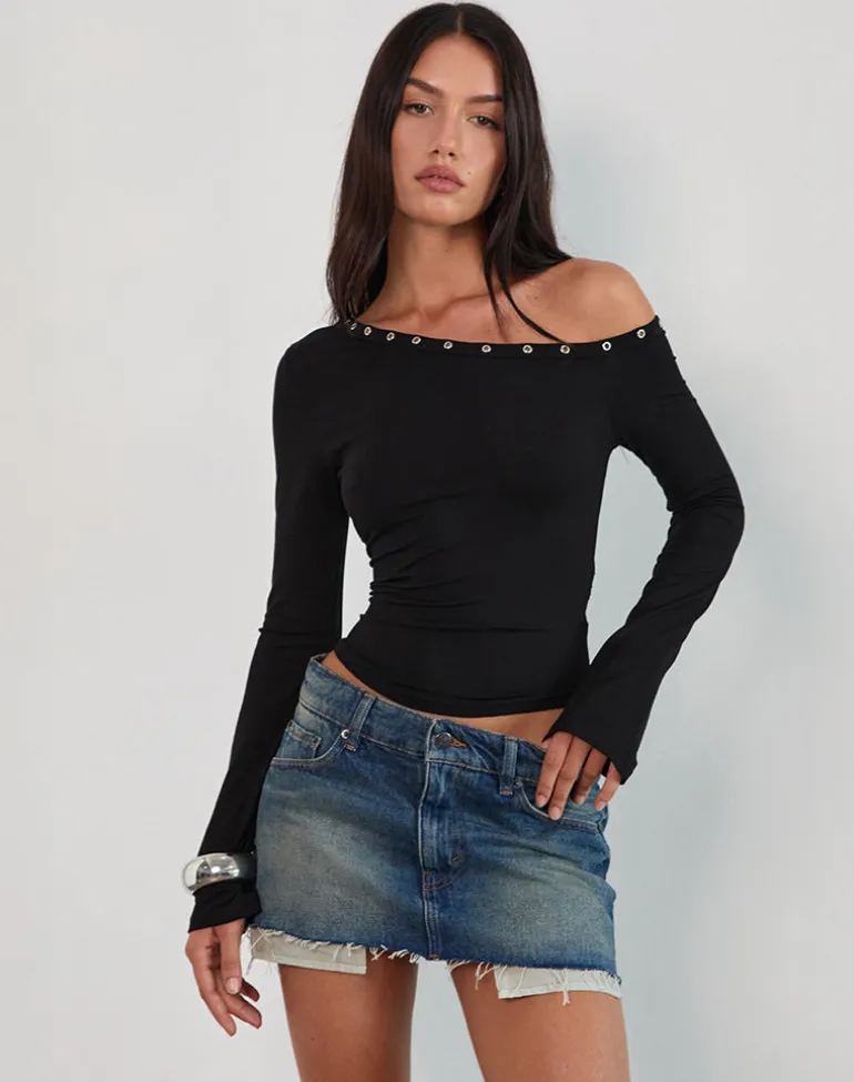 Noraba One Shoulder Top in Black with Eyelets