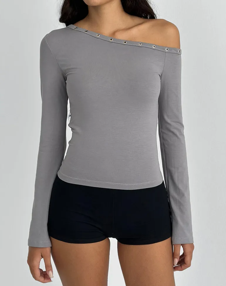 Noraba One Shoulder Top in Grey with Eyelets