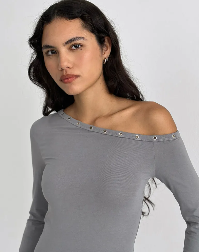 Noraba One Shoulder Top in Grey with Eyelets