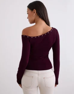 Noraba One Shoulder Top in Red Wood with Eyelets