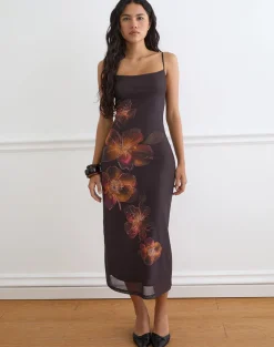 Nori Midi Dress in Brown with Orange Vibrant Lotus Print