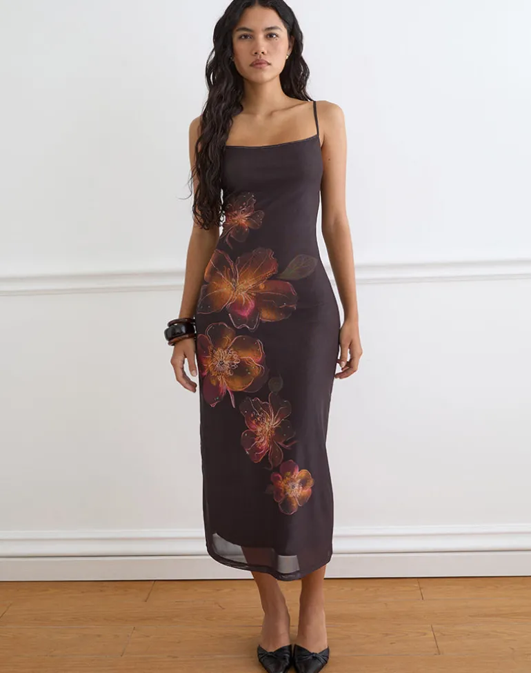 Nori Midi Dress in Brown with Orange Vibrant Lotus Print