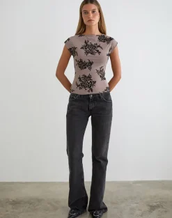 Nova Top in Taupe Grey with Bold Floral Flock