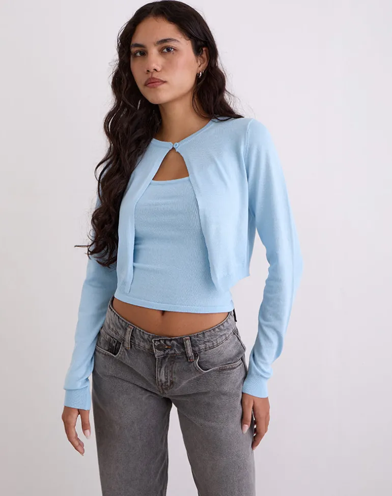 Nuha Ribbed Cropped Cardigan in Blue