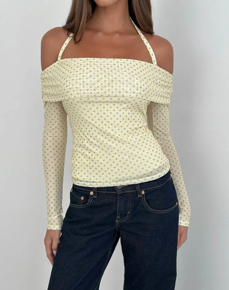 Nunik Halterneck Top in Yellow with Compact Grey Polka