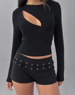 Nyla Long Sleeve Slash Cut Out Top in Black