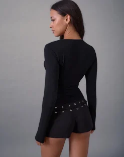 Nyla Long Sleeve Slash Cut Out Top in Black