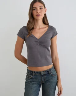 Obanai Short Sleeve V Neck Top in Charcoal Grey