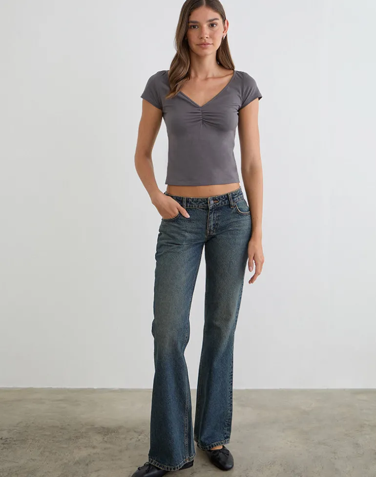 Obanai Short Sleeve V Neck Top in Charcoal Grey
