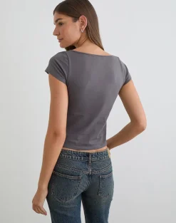 Obanai Short Sleeve V Neck Top in Charcoal Grey