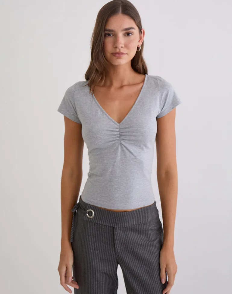 Obanai Short Sleeve V Neck Top in Grey Marl