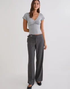 Obanai Short Sleeve V Neck Top in Grey Marl