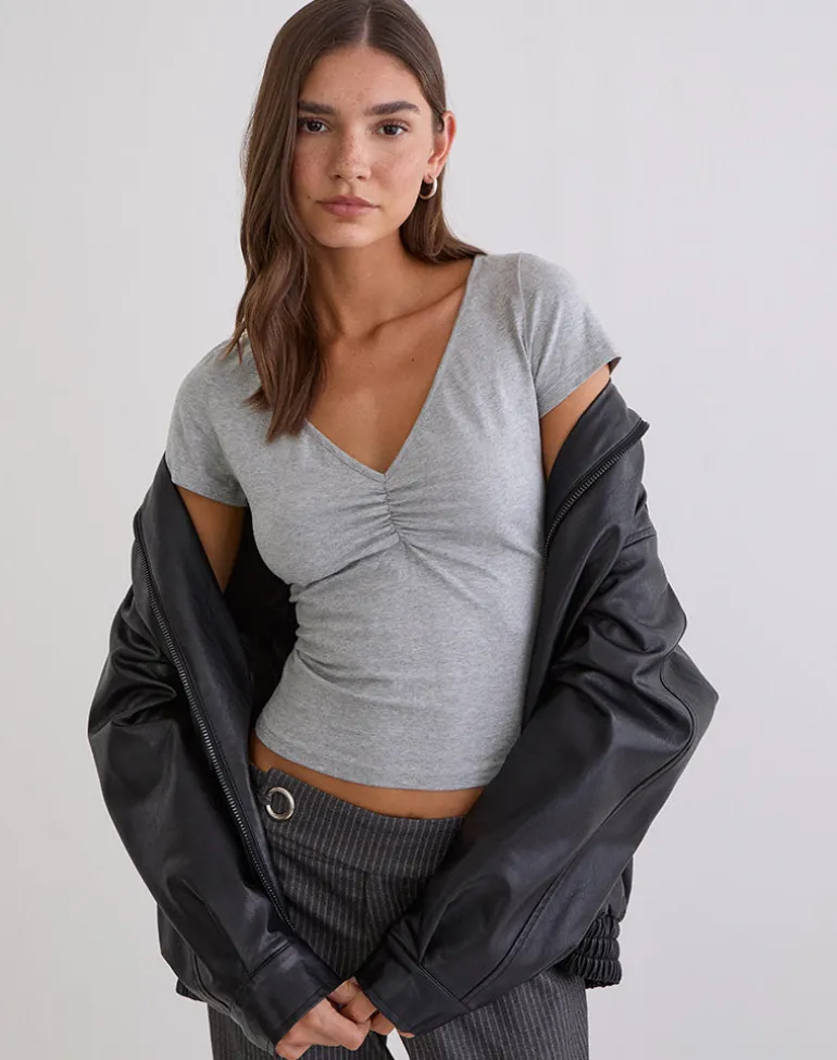 Obanai Short Sleeve V Neck Top in Grey Marl