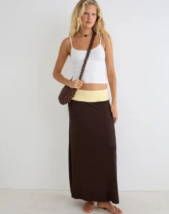Olie Maxi Skirt in Rayon Jersey Bitter Chocolate and Lemon Yellow