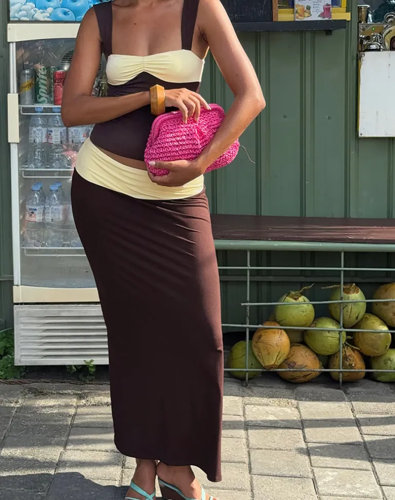 Olie Maxi Skirt in Rayon Jersey Bitter Chocolate and Lemon Yellow