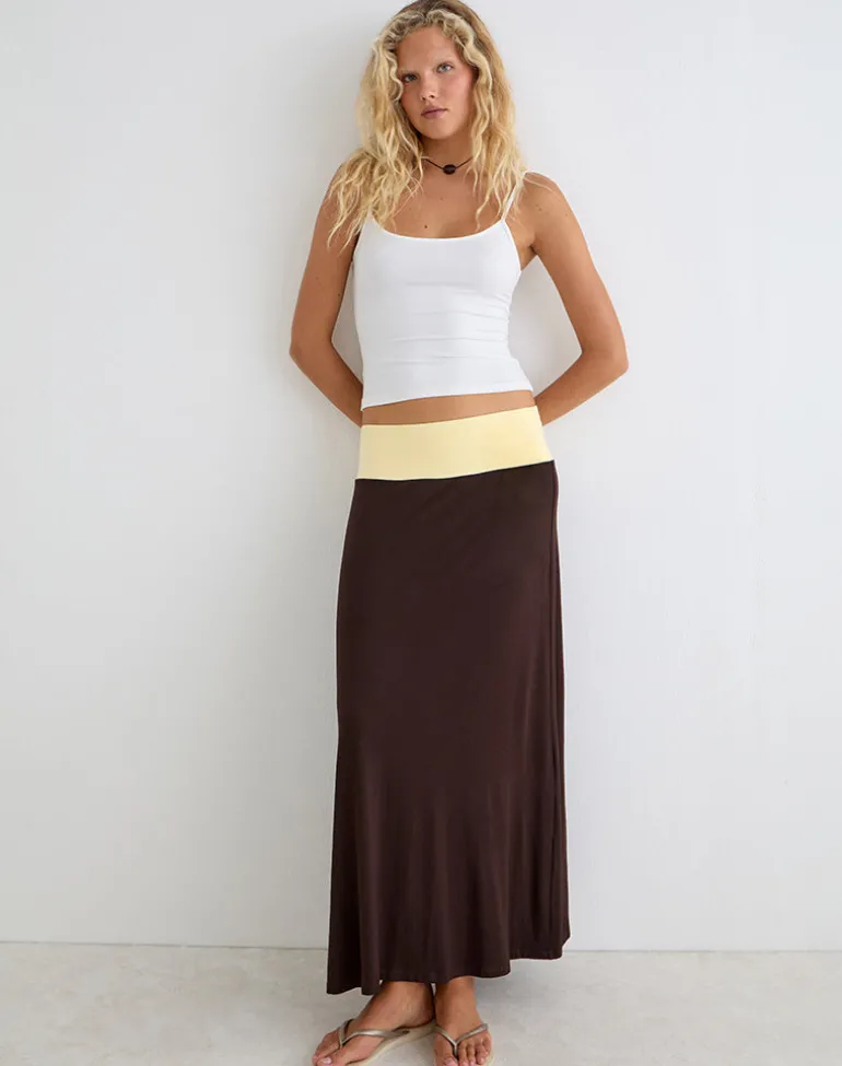 Olie Maxi Skirt in Rayon Jersey Bitter Chocolate and Lemon Yellow