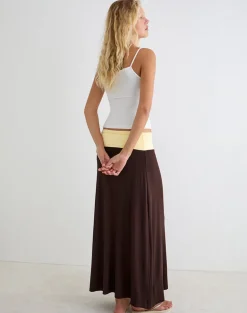 Olie Maxi Skirt in Rayon Jersey Bitter Chocolate and Lemon Yellow