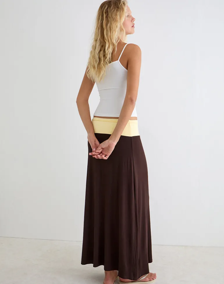 Olie Maxi Skirt in Rayon Jersey Bitter Chocolate and Lemon Yellow