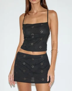 Olsa Mini Skirt in Flower Broderie Black