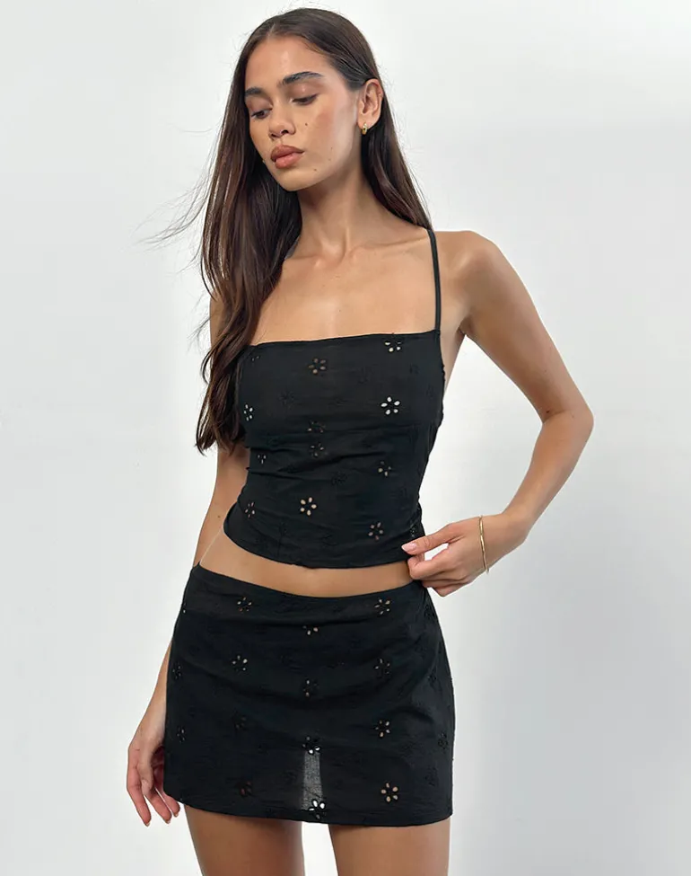 Olsa Mini Skirt in Flower Broderie Black