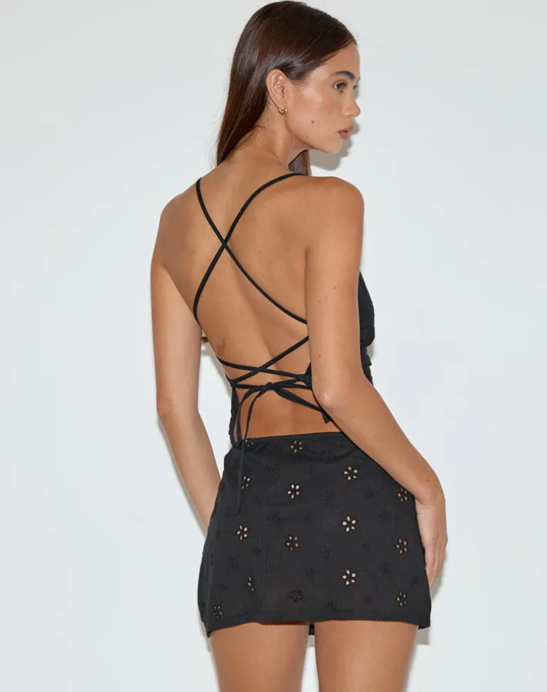Olsa Mini Skirt in Flower Broderie Black