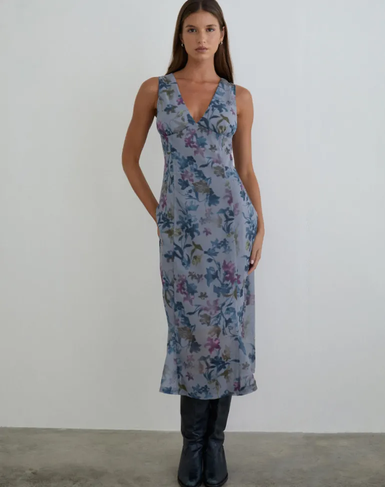 Olydia Midi Dress in Chiffon Shadow Lily Blue
