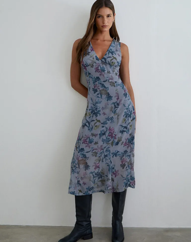 Olydia Midi Dress in Chiffon Shadow Lily Blue