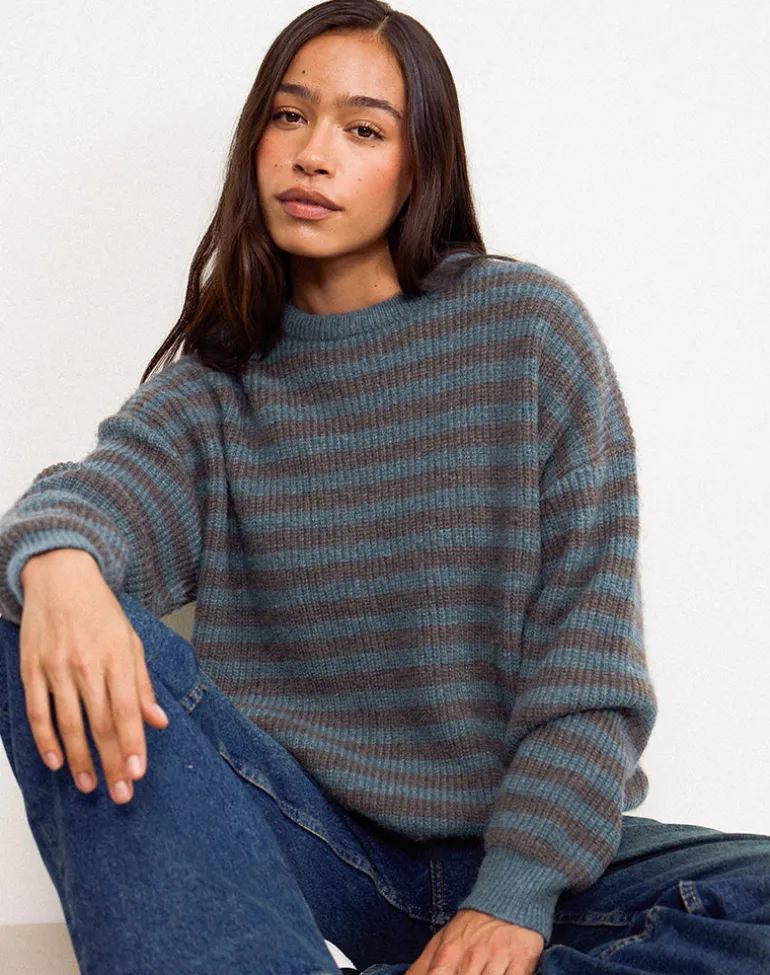 Orvala Knit Jumper in Slate and Brown Stripe