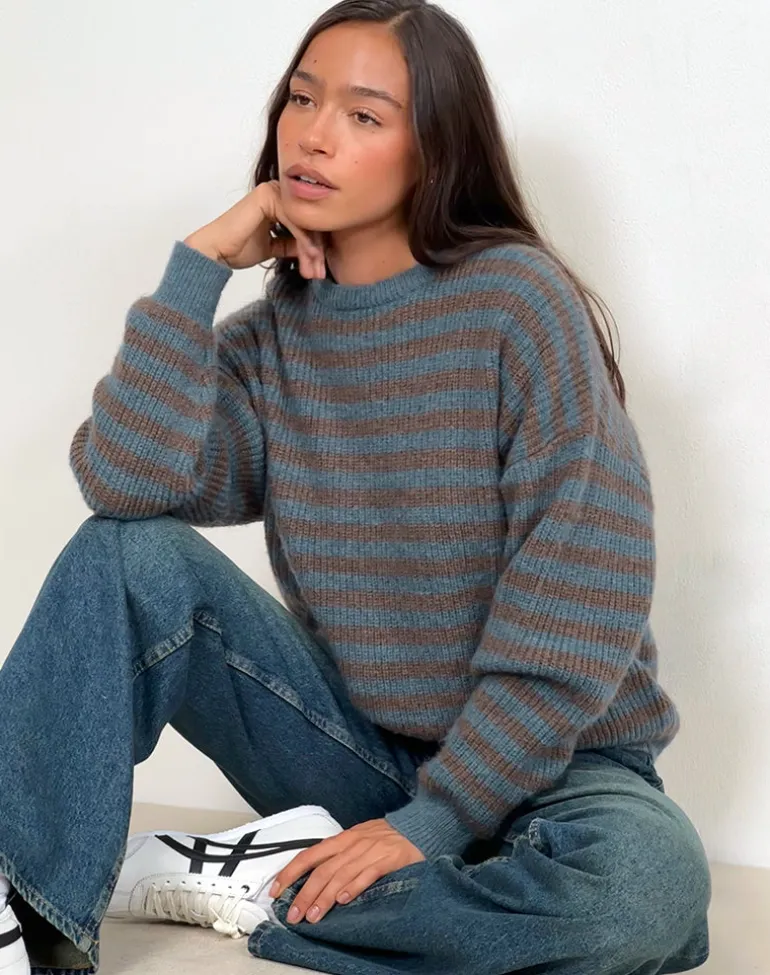 Orvala Knit Jumper in Slate and Brown Stripe