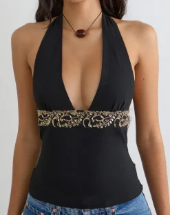 Orvio Halter Top in Black with Embroidered Sequin Trim
