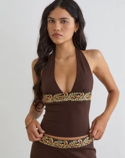 Orvio Halter Top in Brown with Embroidered Sequin Trim