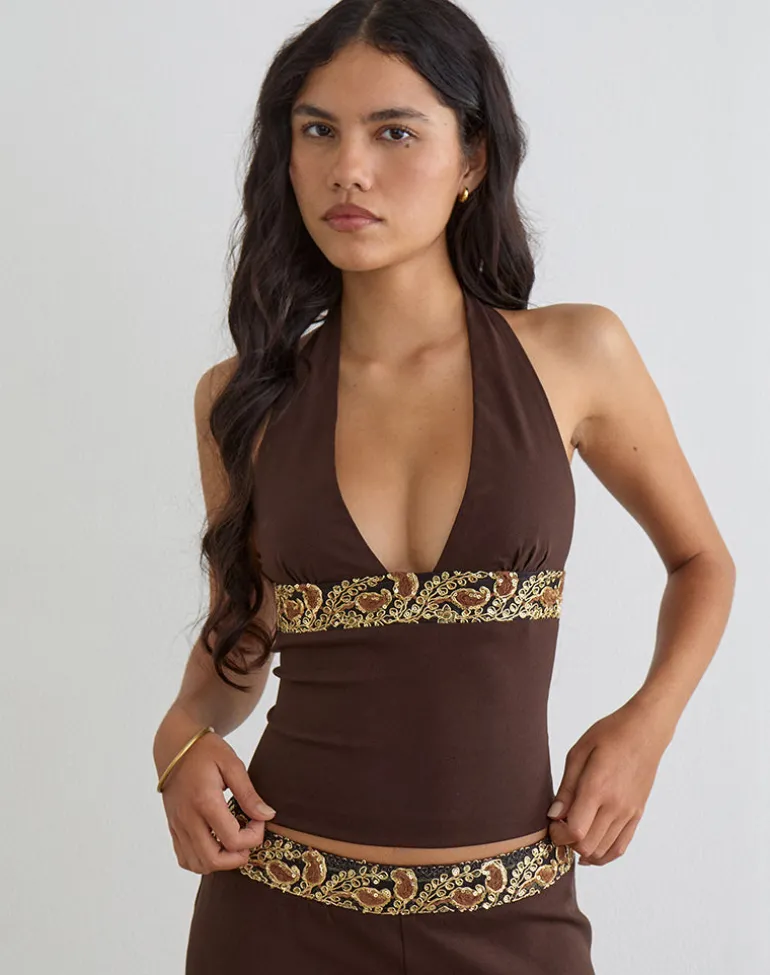 Orvio Halter Top in Brown with Embroidered Sequin Trim