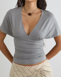 Osari Plunge Batwing Top in Jersey Grey