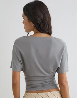 Osari Plunge Batwing Top in Jersey Grey