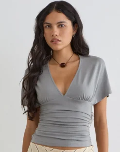 Osari Plunge Batwing Top in Jersey Grey