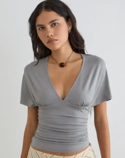 Osari Plunge Batwing Top in Jersey Grey