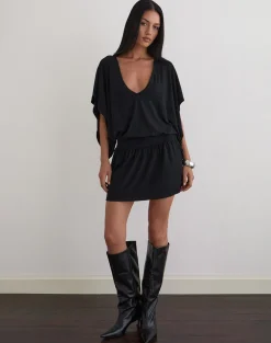 Osiri Batwing Plunge Mini Dress in Jersey Black