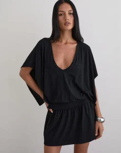 Osiri Batwing Plunge Mini Dress in Jersey Black